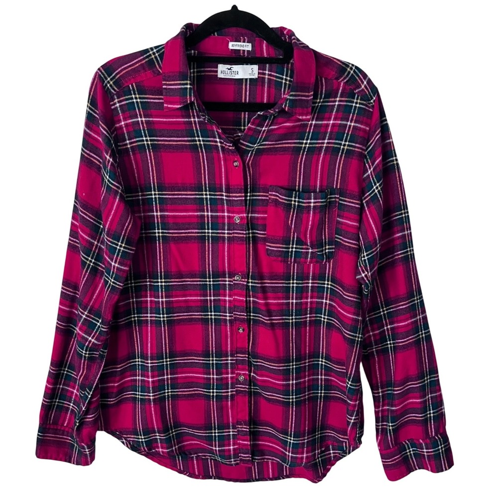Hollister Womens Red Black Plaid Boyfriend Fit Flannel Button Down Shirt Small
